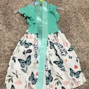 Floral Butterfly Kids Dress in Green and White